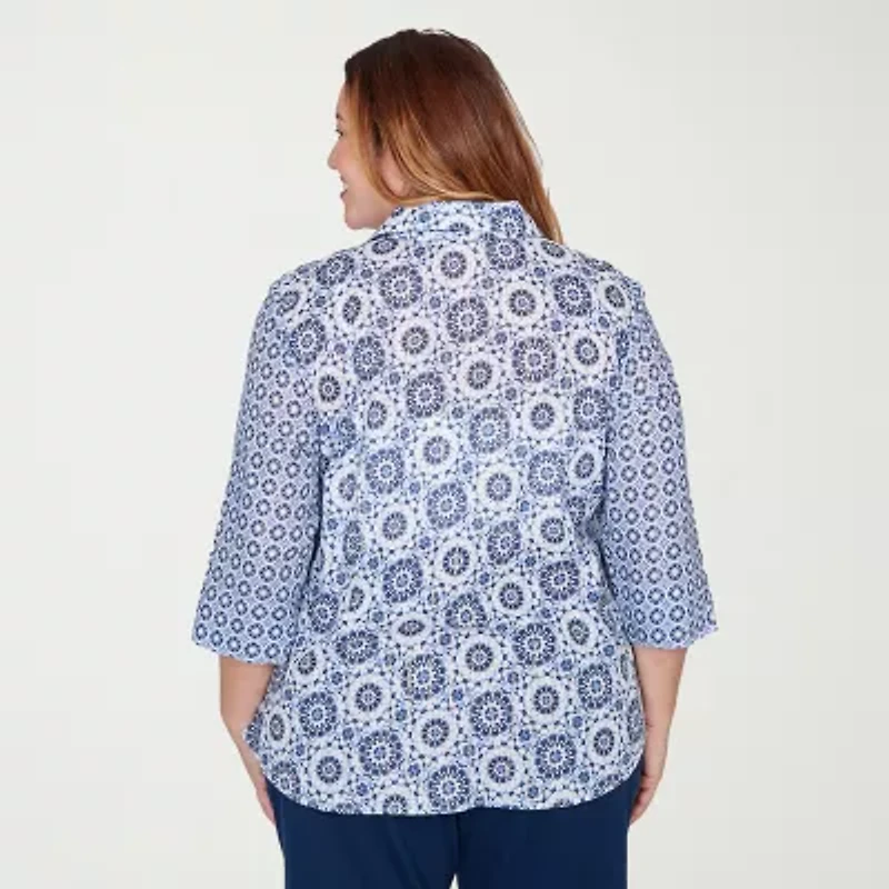 Alfred Dunner Mykonos Womens Plus Cuffed 3/4 Sleeve Button-Down Shirt