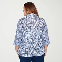 Alfred Dunner Mykonos Womens Plus Cuffed 3/4 Sleeve Button-Down Shirt