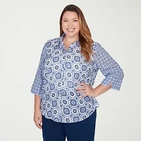 Alfred Dunner Mykonos Womens Plus Cuffed 3/4 Sleeve Button-Down Shirt