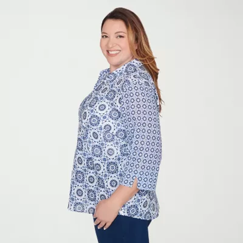 Alfred Dunner Mykonos Womens Plus Cuffed 3/4 Sleeve Button-Down Shirt