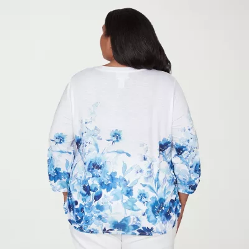 Alfred Dunner Mykonos Womens Plus Y Neck 3/4 Sleeve T-Shirt