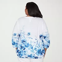 Alfred Dunner Mykonos Womens Plus Y Neck 3/4 Sleeve T-Shirt