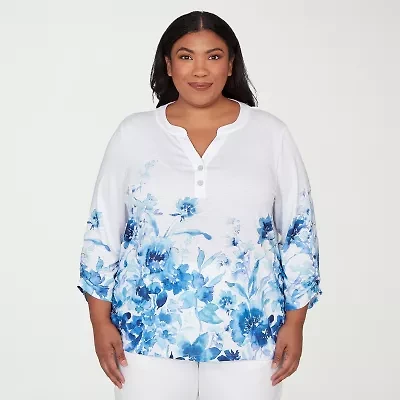 Alfred Dunner Mykonos Womens Plus Y Neck 3/4 Sleeve T-Shirt