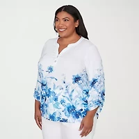 Alfred Dunner Mykonos Womens Plus Y Neck 3/4 Sleeve T-Shirt