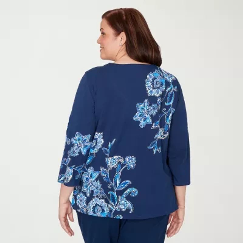 Alfred Dunner Mykonos Womens Plus Split Crew Neck 3/4 Sleeve T-Shirt