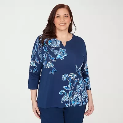 Alfred Dunner Mykonos Womens Plus Split Crew Neck 3/4 Sleeve T-Shirt