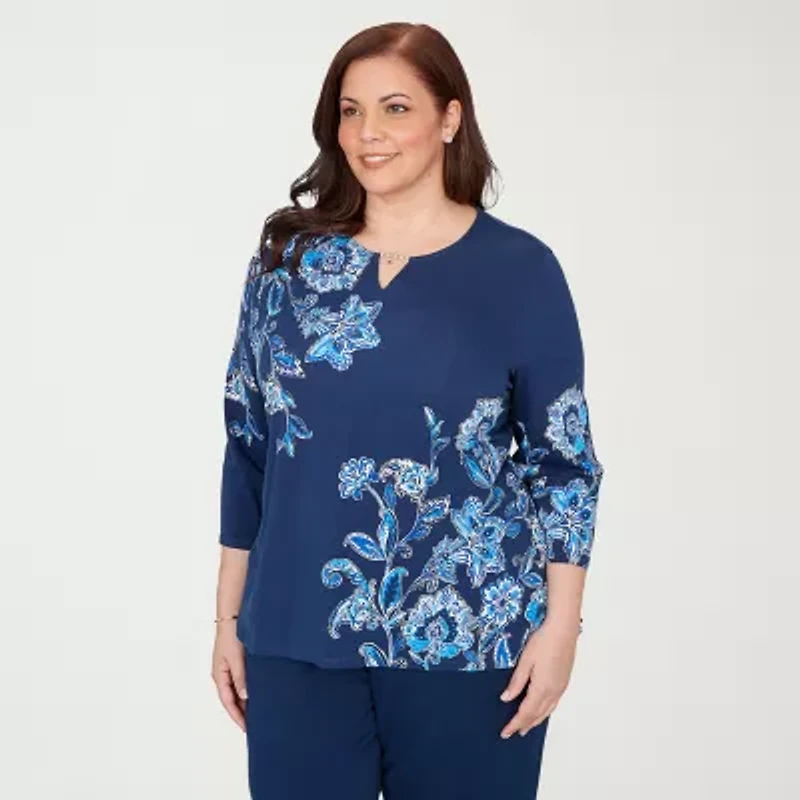 Alfred Dunner Mykonos Womens Plus Split Crew Neck 3/4 Sleeve T-Shirt