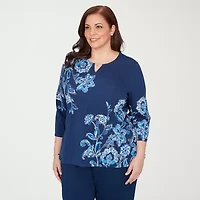 Alfred Dunner Mykonos Womens Plus Split Crew Neck 3/4 Sleeve T-Shirt