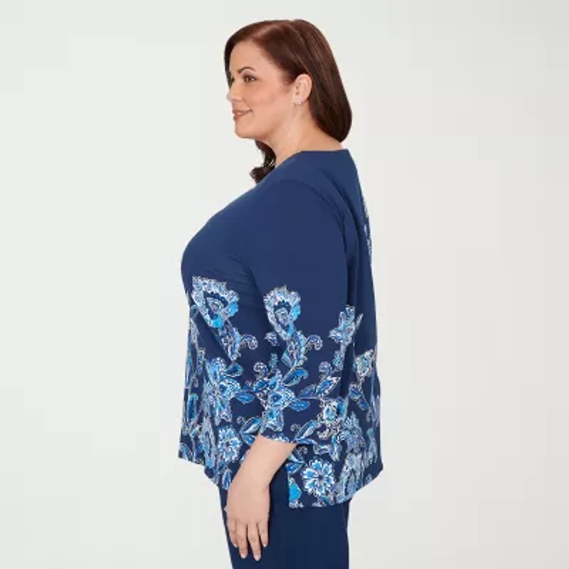 Alfred Dunner Mykonos Womens Plus Split Crew Neck 3/4 Sleeve T-Shirt