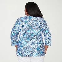 Alfred Dunner Mykonos Womens Plus V Neck 3/4 Sleeve T-Shirt