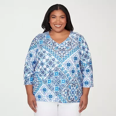 Alfred Dunner Mykonos Womens Plus V Neck 3/4 Sleeve T-Shirt