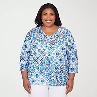 Alfred Dunner Mykonos Womens Plus V Neck 3/4 Sleeve T-Shirt