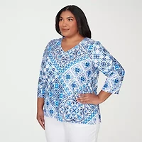 Alfred Dunner Mykonos Womens Plus V Neck 3/4 Sleeve T-Shirt