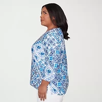 Alfred Dunner Mykonos Womens Plus V Neck 3/4 Sleeve T-Shirt