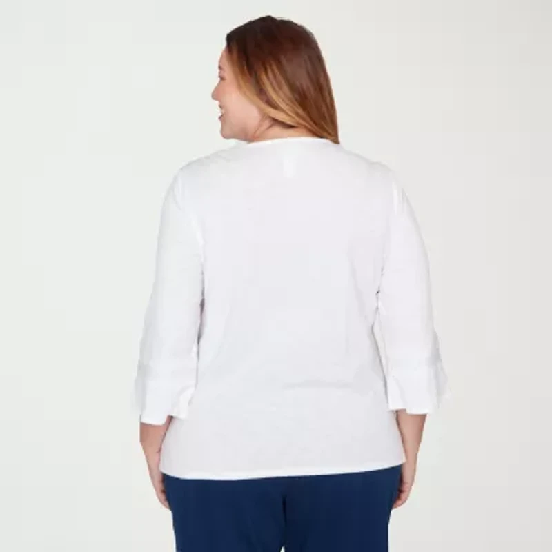 Alfred Dunner Mykonos Womens Plus Crew Neck 3/4 Sleeve T-Shirt