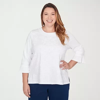Alfred Dunner Mykonos Womens Plus Crew Neck 3/4 Sleeve T-Shirt