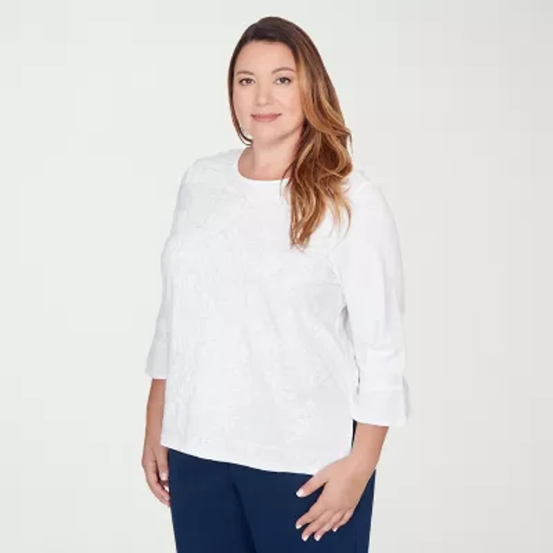 Alfred Dunner Mykonos Womens Plus Crew Neck 3/4 Sleeve T-Shirt