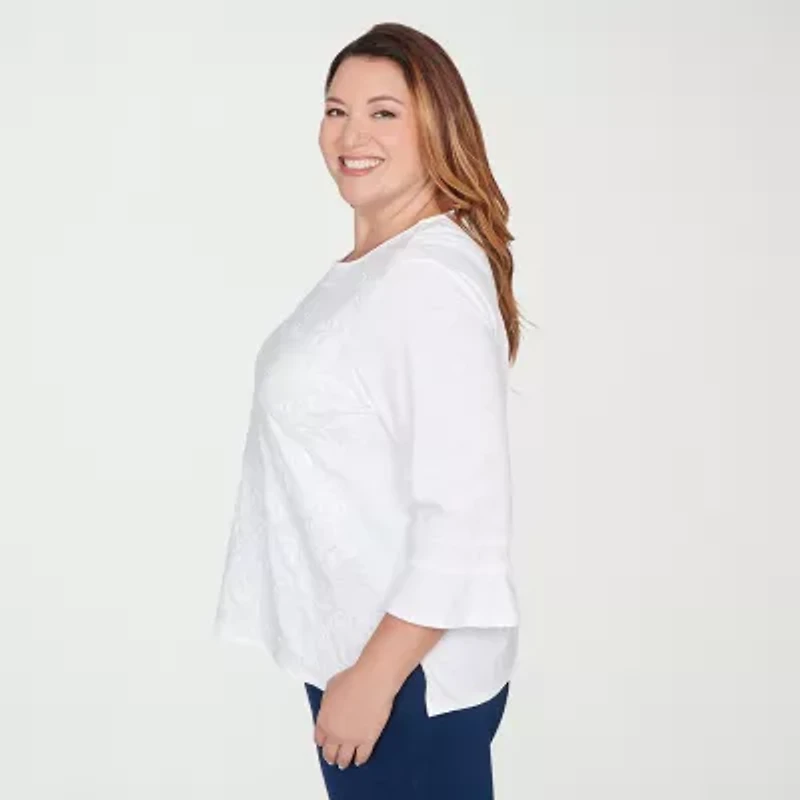 Alfred Dunner Mykonos Womens Plus Crew Neck 3/4 Sleeve T-Shirt