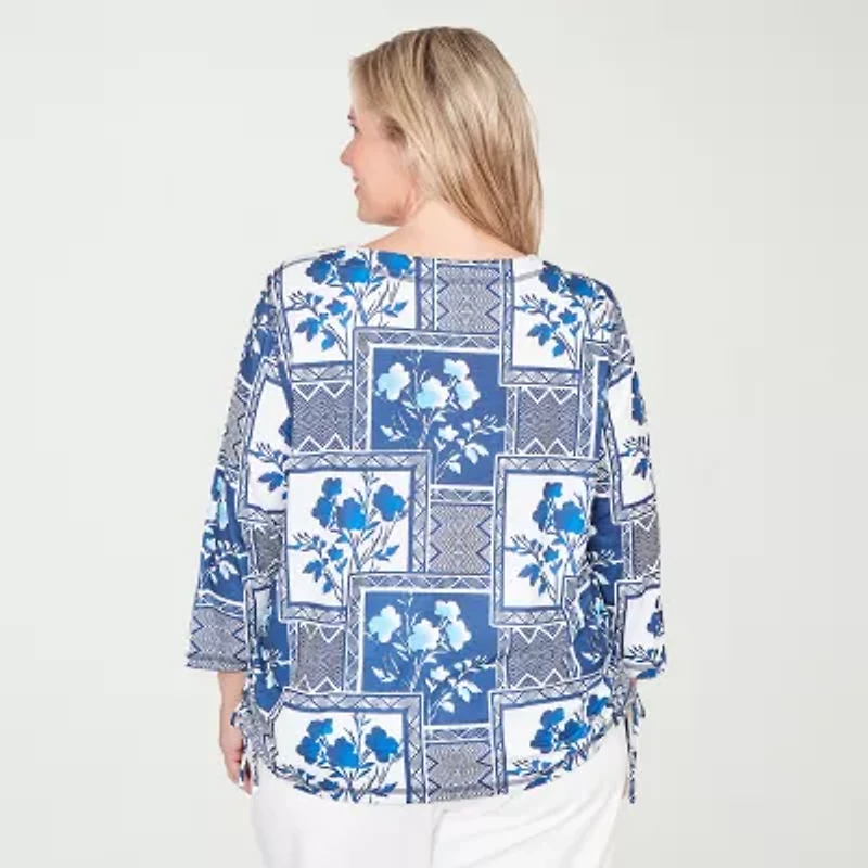 Alfred Dunner Mykonos Womens Plus Crew Neck 3/4 Sleeve T-Shirt