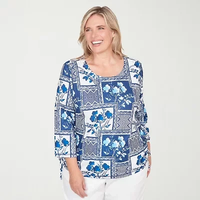 Alfred Dunner Mykonos Womens Plus Crew Neck 3/4 Sleeve T-Shirt
