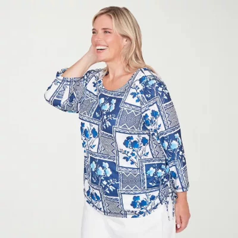 Alfred Dunner Mykonos Womens Plus Crew Neck 3/4 Sleeve T-Shirt