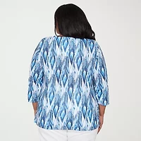 Alfred Dunner Mykonos Womens Plus Round Neck 3/4 Sleeve T-Shirt