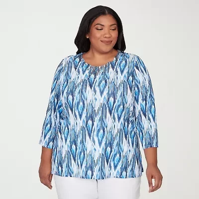 Alfred Dunner Mykonos Womens Plus Round Neck 3/4 Sleeve T-Shirt