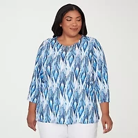 Alfred Dunner Mykonos Womens Plus Round Neck 3/4 Sleeve T-Shirt