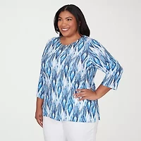 Alfred Dunner Mykonos Womens Plus Round Neck 3/4 Sleeve T-Shirt
