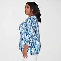 Alfred Dunner Mykonos Womens Plus Round Neck 3/4 Sleeve T-Shirt