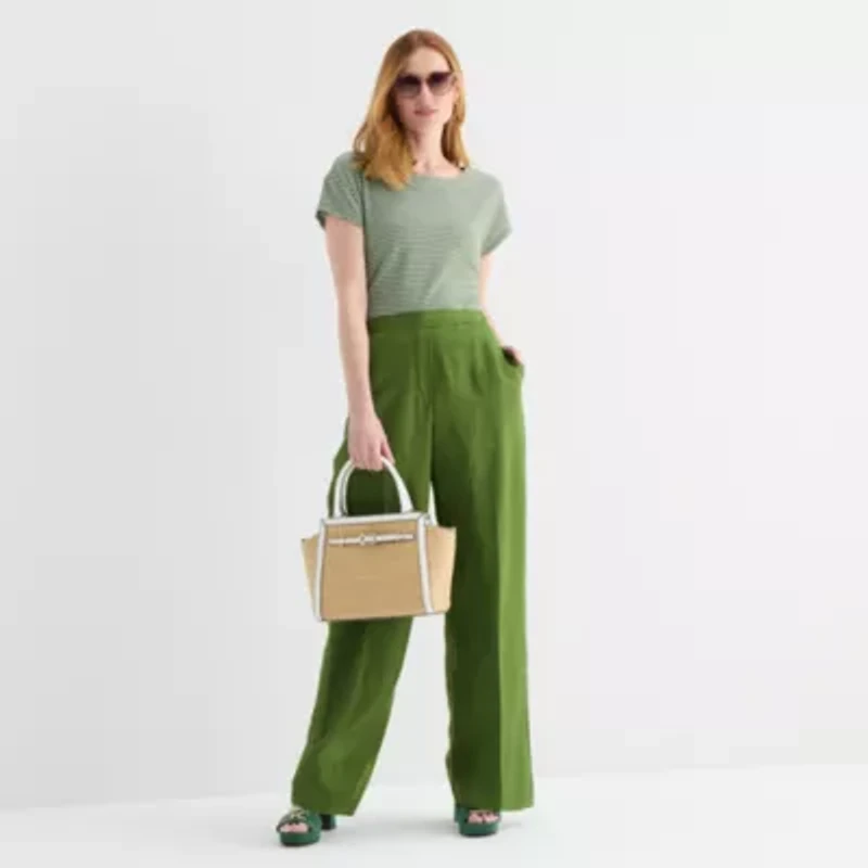 Liz Claiborne Linen Womens Wide Leg Mid Rise Pull-On Pant