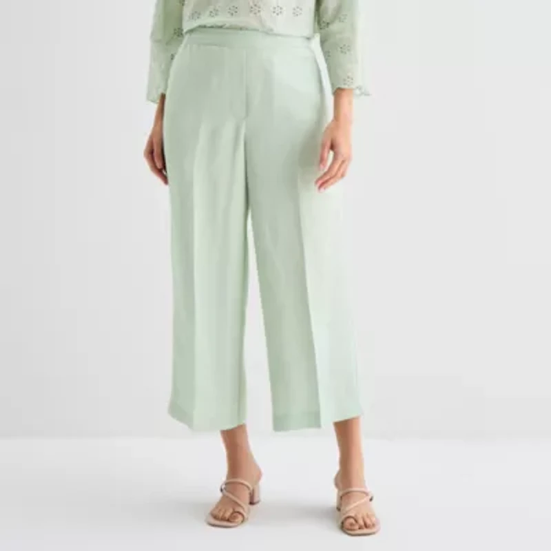 Liz Claiborne Linen Womens Wide Leg Mid Rise Cropped Pant