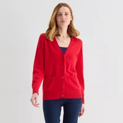 Liz Claiborne Womens V Neck Long Sleeve Button Cardigan