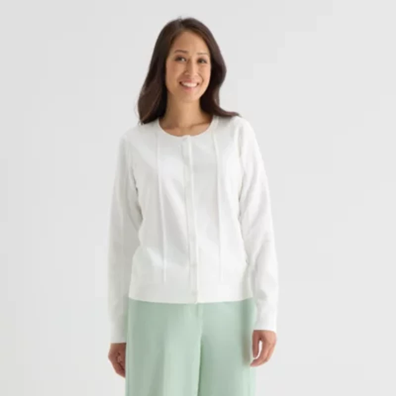 Liz Claiborne Womens Crew Neck Long Sleeve Button Cardigan