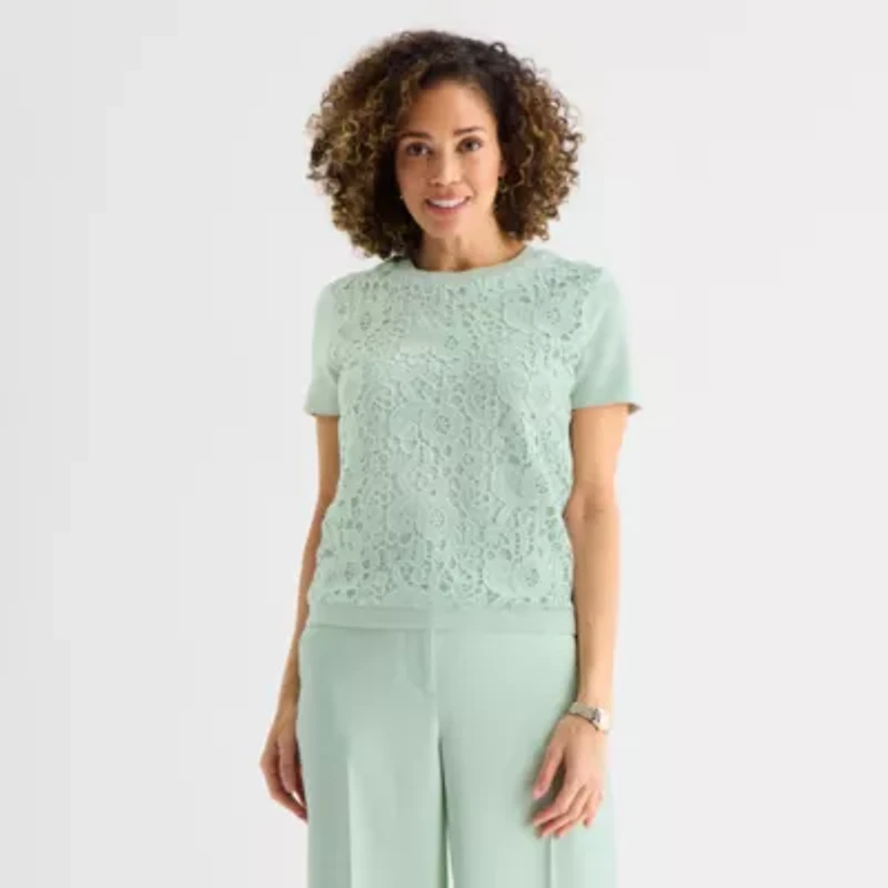 Liz Claiborne Lace Womens Crew Neck Short Sleeve Pullover Sweater