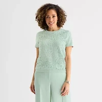 Liz Claiborne Lace Womens Crew Neck Short Sleeve Pullover Sweater