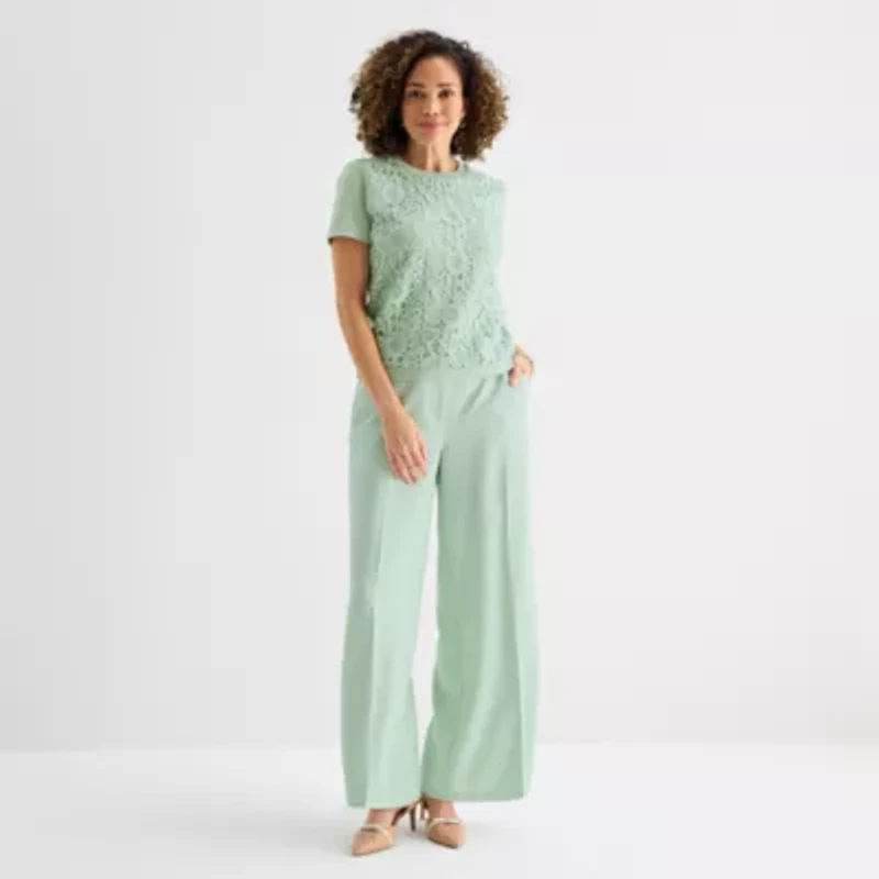 Liz Claiborne Lace Womens Crew Neck Short Sleeve Pullover Sweater