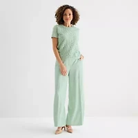 Liz Claiborne Lace Womens Crew Neck Short Sleeve Pullover Sweater