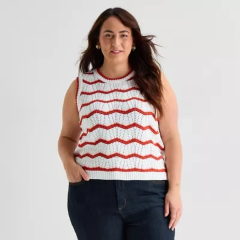 St. John's Bay Plus Womens Crew Neck Sleeveless Chevron Pullover Sweater
