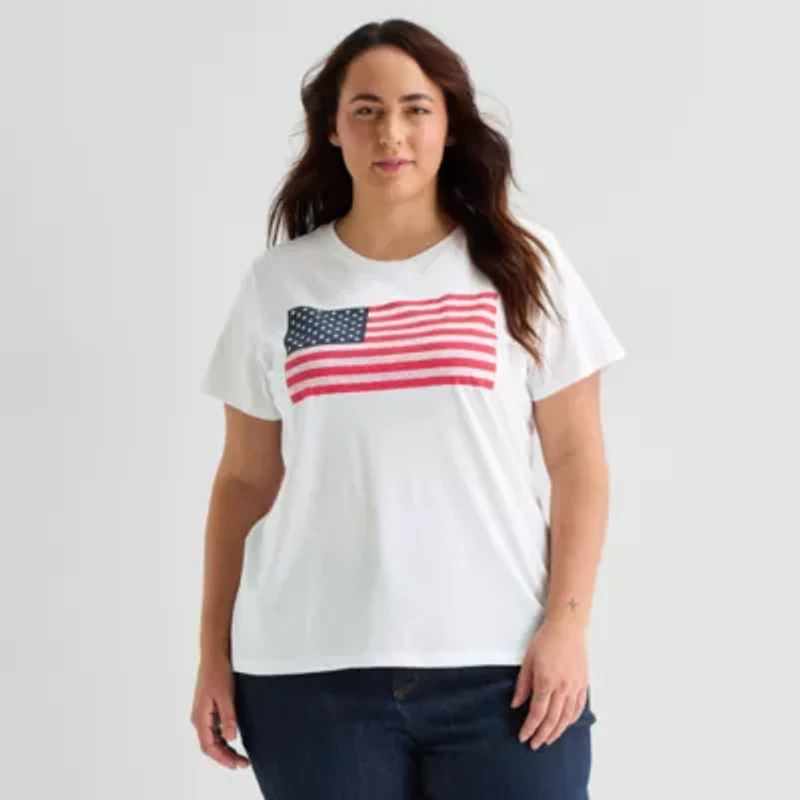St. John's Bay Womens Plus Crew Neck Short Sleeve Regular Fit Graphic T-Shirt