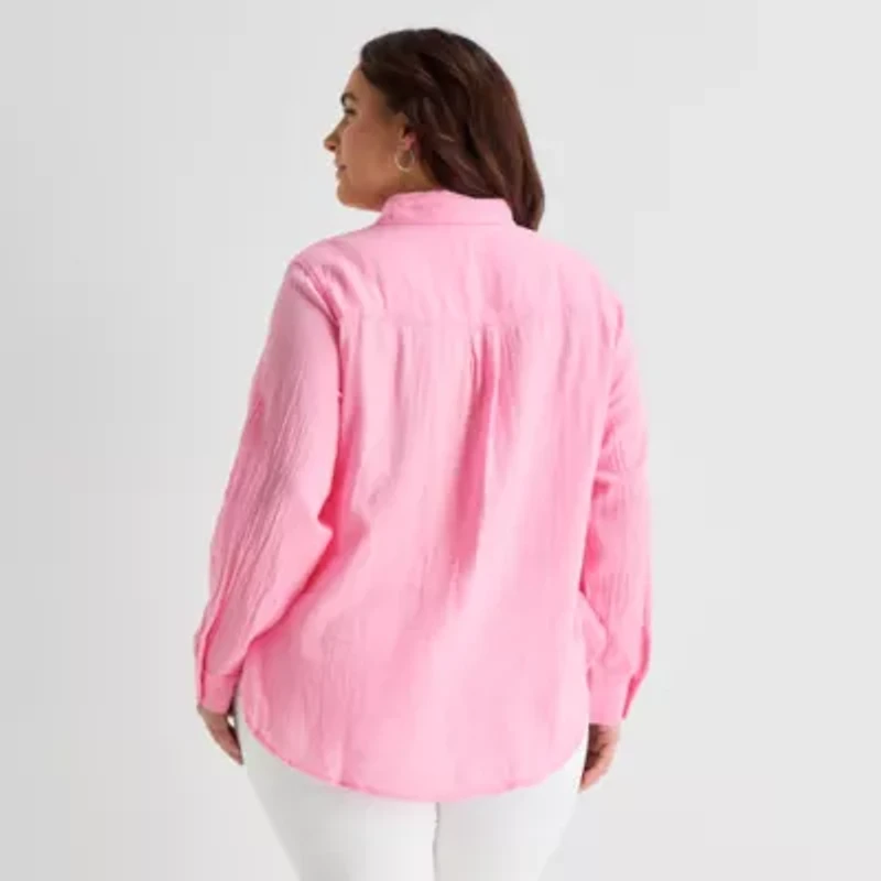 St. John's Bay Womens Plus Long Sleeve Relaxed Fit Button-Down Shirt