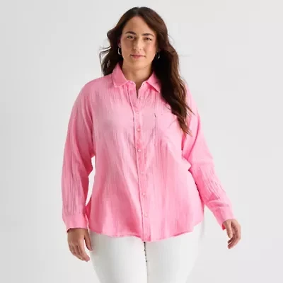 St. John's Bay Womens Plus Long Sleeve Relaxed Fit Button-Down Shirt