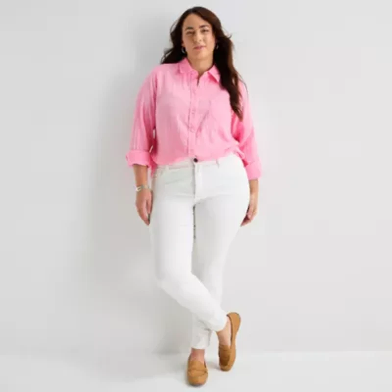 St. John's Bay Womens Plus Long Sleeve Relaxed Fit Button-Down Shirt