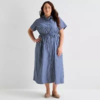 St. John's Bay Womens-Plus Striped Midi Sweatshirt Dress