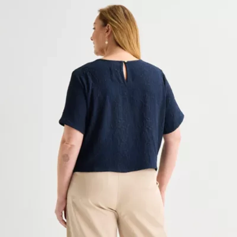 Liz Claiborne Womens Plus Round Neck Short Sleeve Blouse
