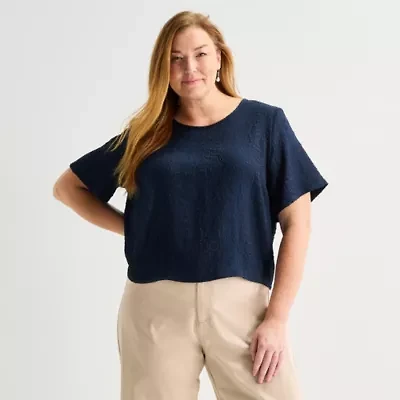 Liz Claiborne Womens Plus Round Neck Short Sleeve Blouse