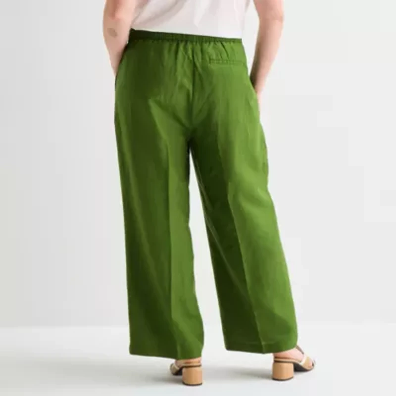 Liz Claiborne Linen Womens Plus Wide Leg Mid Rise Pull-On Pant