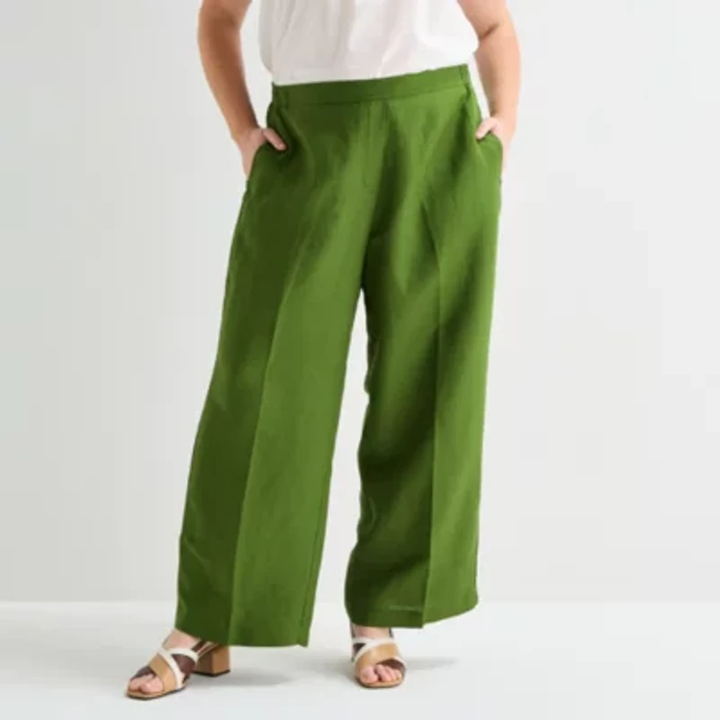 Liz Claiborne Linen Womens Plus Wide Leg Mid Rise Pull-On Pant