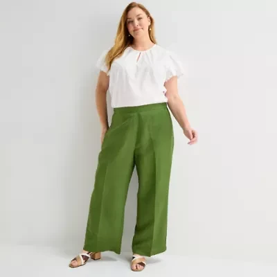 Liz Claiborne Linen Womens Plus Wide Leg Mid Rise Pull-On Pant