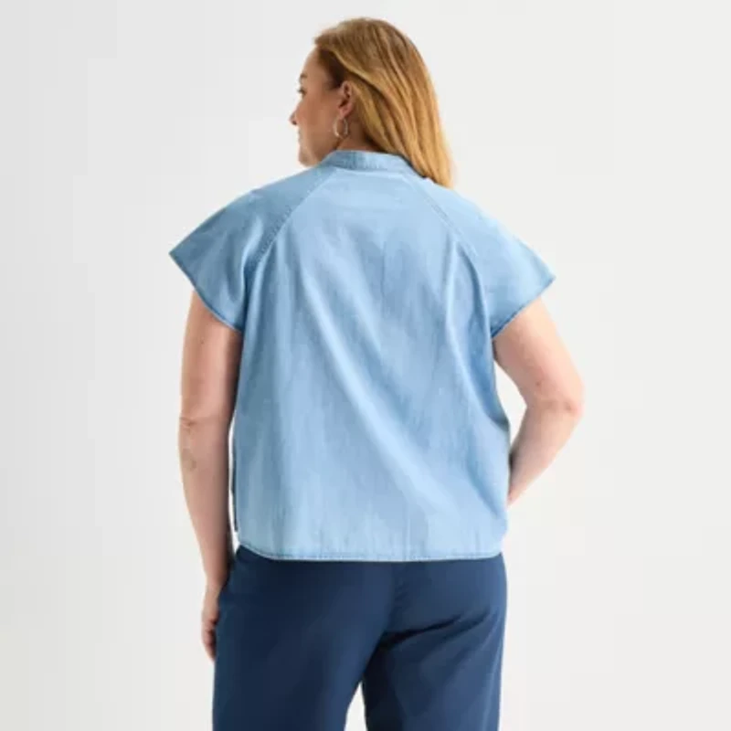 Liz Claiborne Womens Plus Split Crew Neck Short Sleeve Blouse